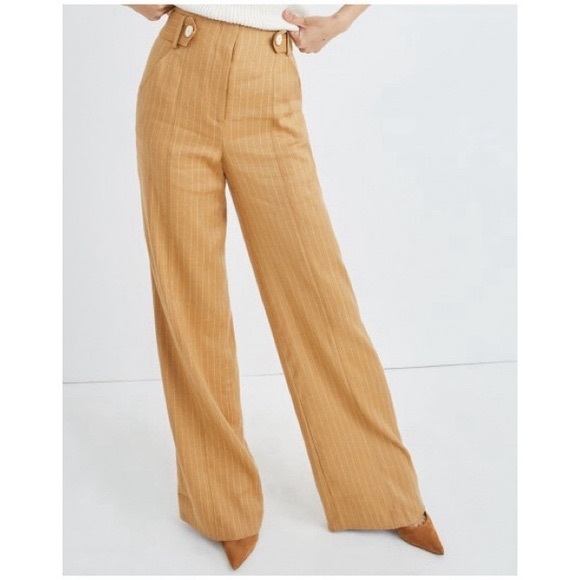 Veronica Beard Sunny Pinstripe Wide Leg Linen Waist Button Detail Pants - Picture 4 of 11